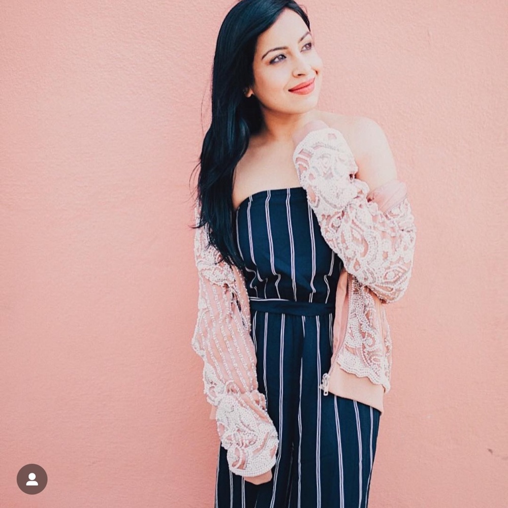Striped Navy Jumpsuit with Lace Pink Jacket